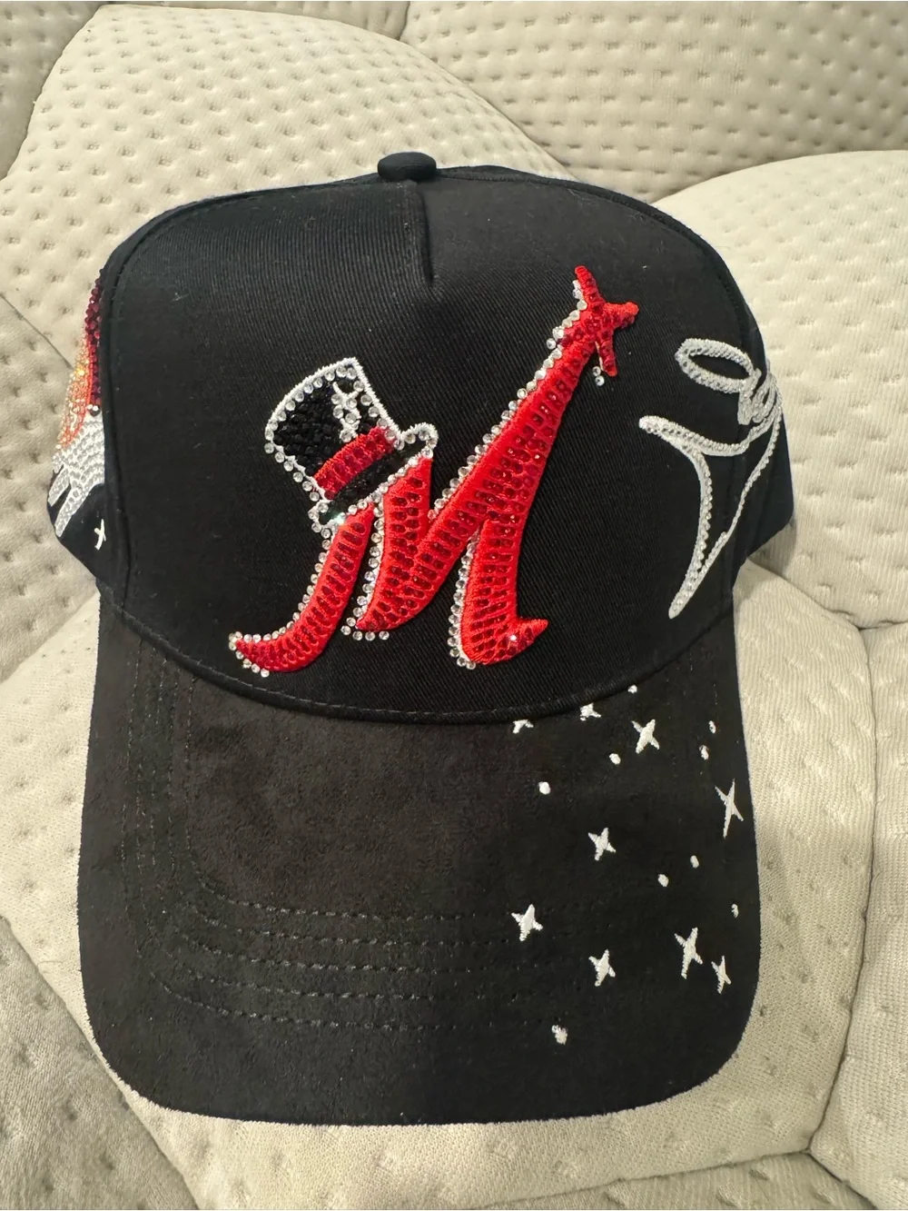 Black Red Rhinestone Embellished 'M' Baseball Cap - Men's Accessory
